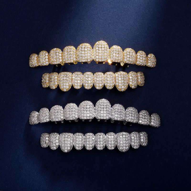Aurora Atelier TOPGRILLZ Iced Out 10 Top & 10 Bottom 5A CZ Stones Denti Grillz Punk Rapper Placcato Oro 14K Zircone Denti Gioielli per la Bocca_voghion.com