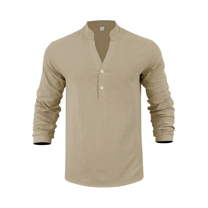 Leinenhemd für Herren – Atmungsaktives Langarm-Henley-T-Shirt, entspannte Passform, lässiger Button-Up mit Stehkragen (Weiß, Marineblau, Schwarz,_voghion.com