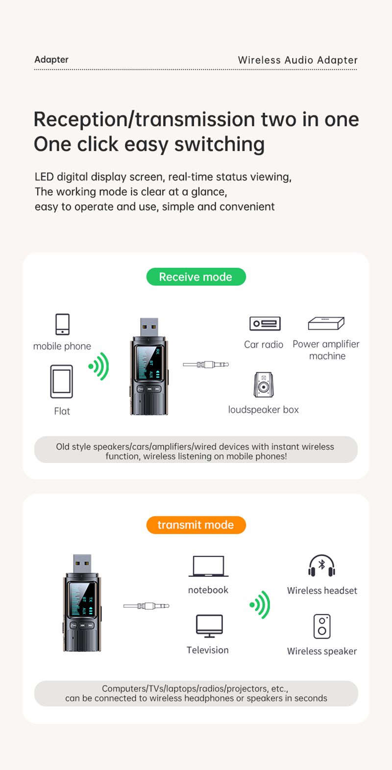 Adattatore 2 in 1 Trasmettitore audio 5.4 LED 3.5mm Aux USB Bluetooth per TV Auto Ricevitore wireless Plug and Play_voghion.com