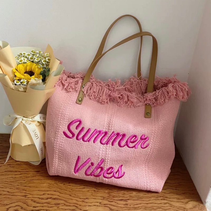 Canvas Women's Bags, Canvas Embroidered Monogrammed Tote Bags, Women's Woven Beach Bags, Shoulder Bags Handbags_voghion.com