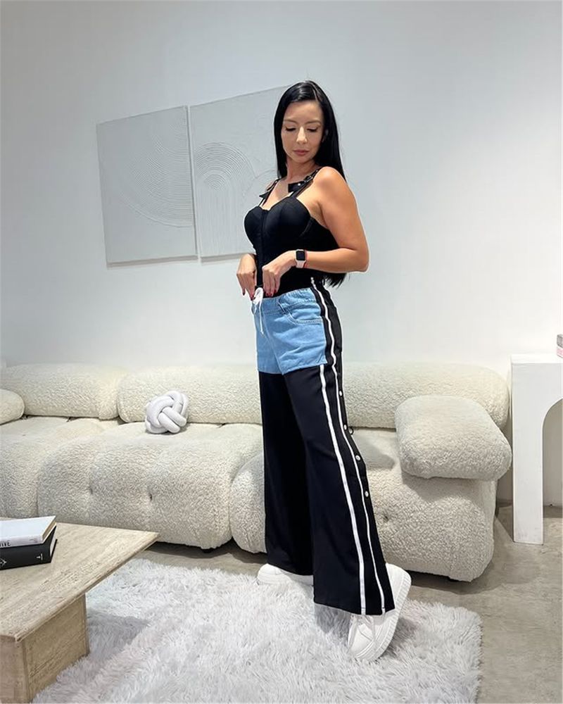 Women's Clothing New Denim Stitching Workwear Casual Elastic Waist Elastic Button Side Slit Stitching Sports Sweatpants Flared Pants_voghion.com