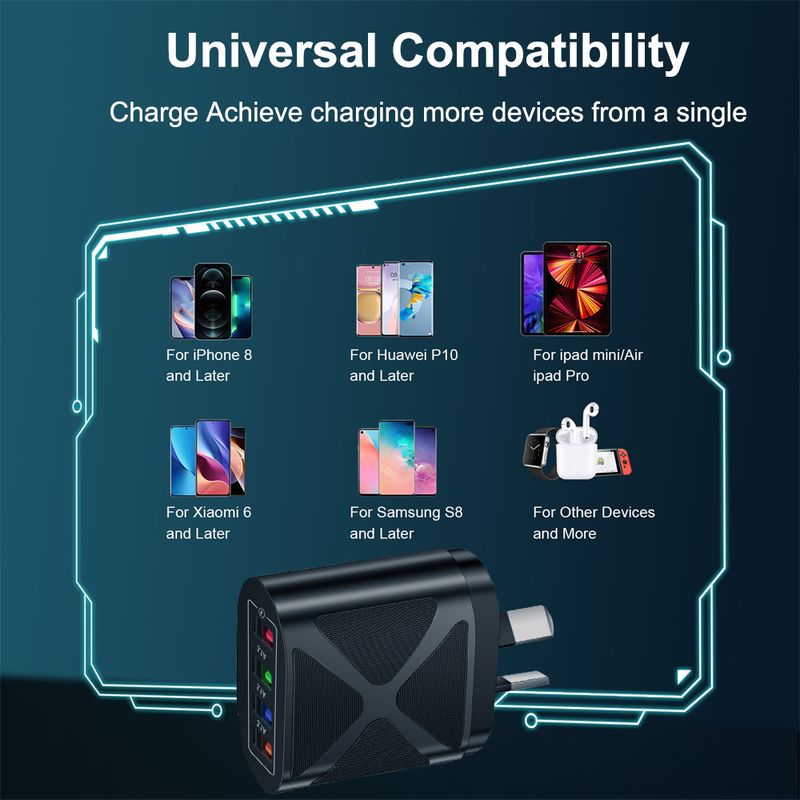 Încărcător de telefon mobil pentru festivaluri de muzică 4USB3.1A, cap de încărcare multi-port, standard britanic, australian, coreean, indian_voghion.com