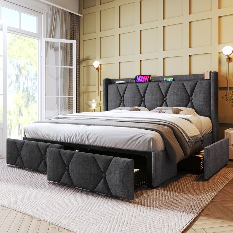Cadre de lit double avec rangement 140 x 200 cm, avec port USB, tête de lit capitonnée et 4 tiroirs, sommier à lattes en bois gris (avec matelas)_voghion.com