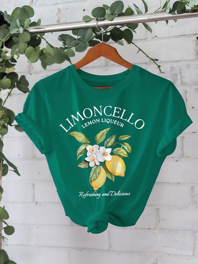 Damenbekleidung T-Shirt aus reiner Baumwolle, Sommer, kurzärmelig, Rundhalsausschnitt, Zitronenmuster, bedruckt, T-Shirt, weiblich_voghion.com