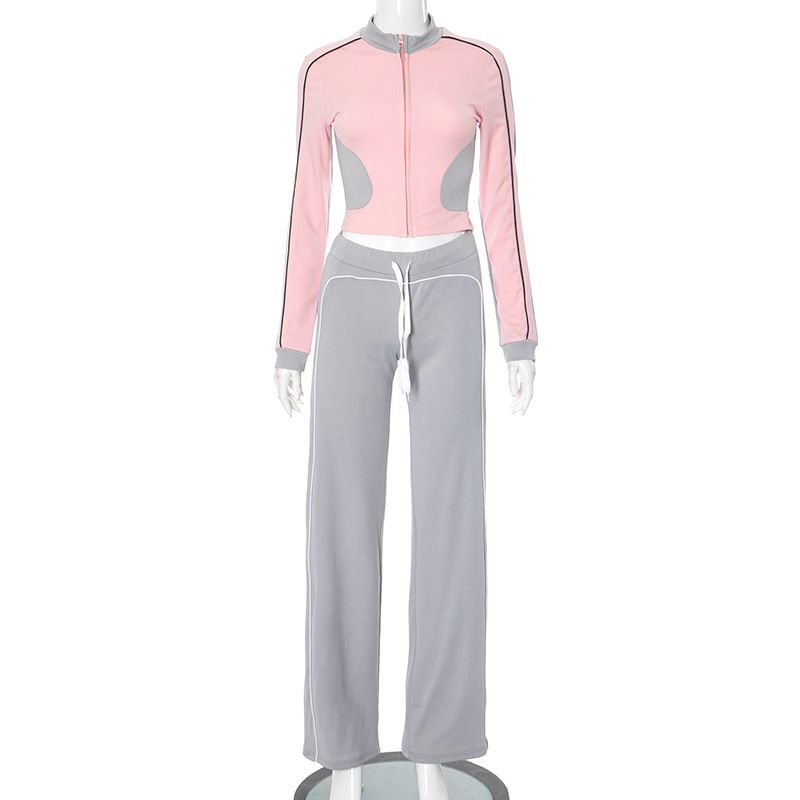 Abbigliamento da donna, linea autunno e inverno, pantaloni a vita alta con elastico in corda, senza colletto, con cerniera, in colori a contrasto_voghion.com