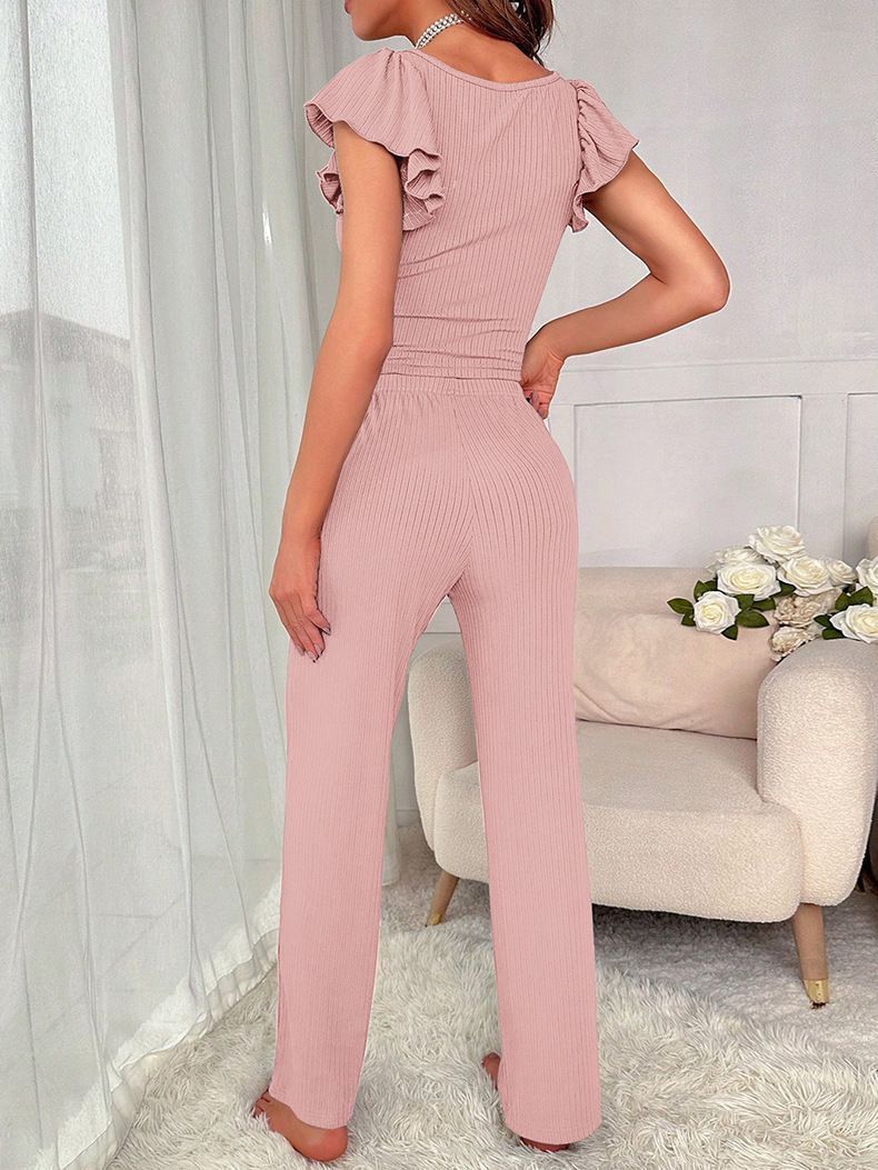 Autumn Winter New Women's Homewear Ribbed Sleeve Short Top Long Pants Casual Pajama Set_voghion.com