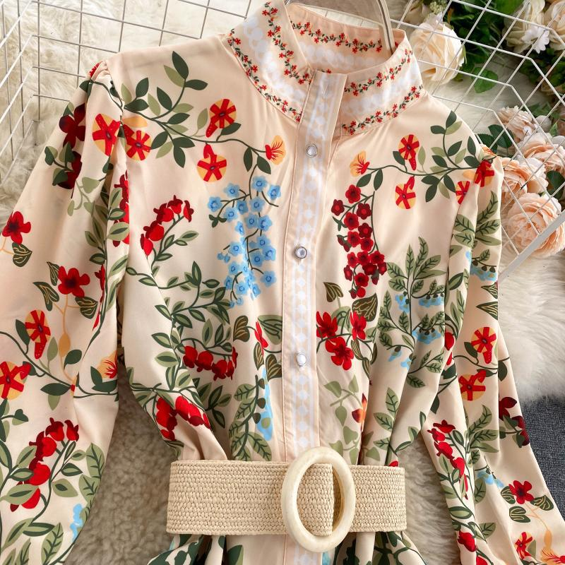 Abito da donna in stile palazzo retrò con cravatta in vita, girocollo, maniche lunghe, volant, gonna a trapezio in stile fata western_voghion.com