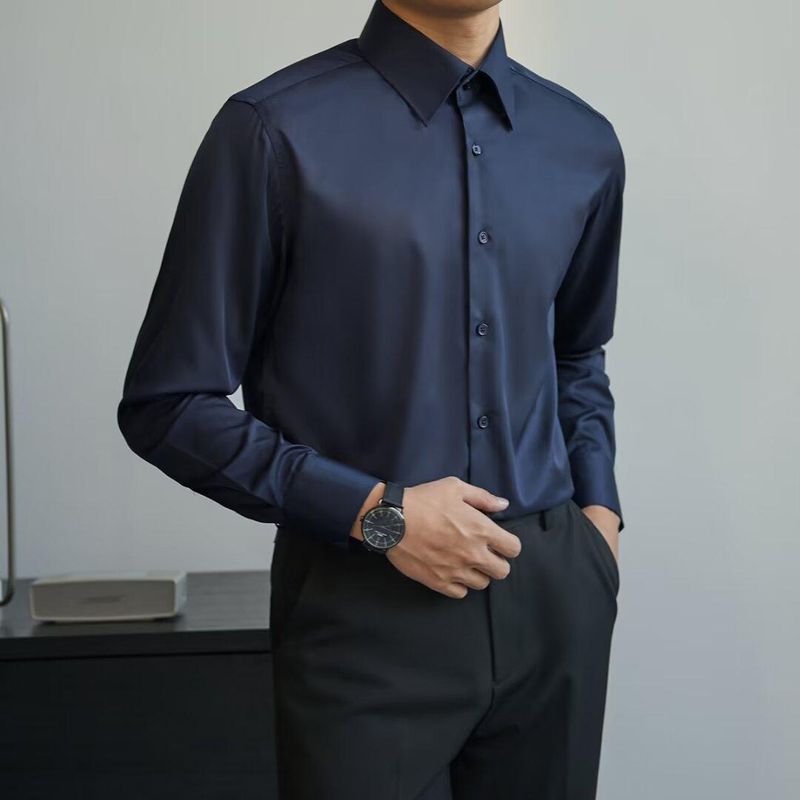 Autumn Black Long Sleeved Slim Fit Korean Version Business Formal Wear Men's Wine Red Wedding Shirt Elastic No Ironing_voghion.com