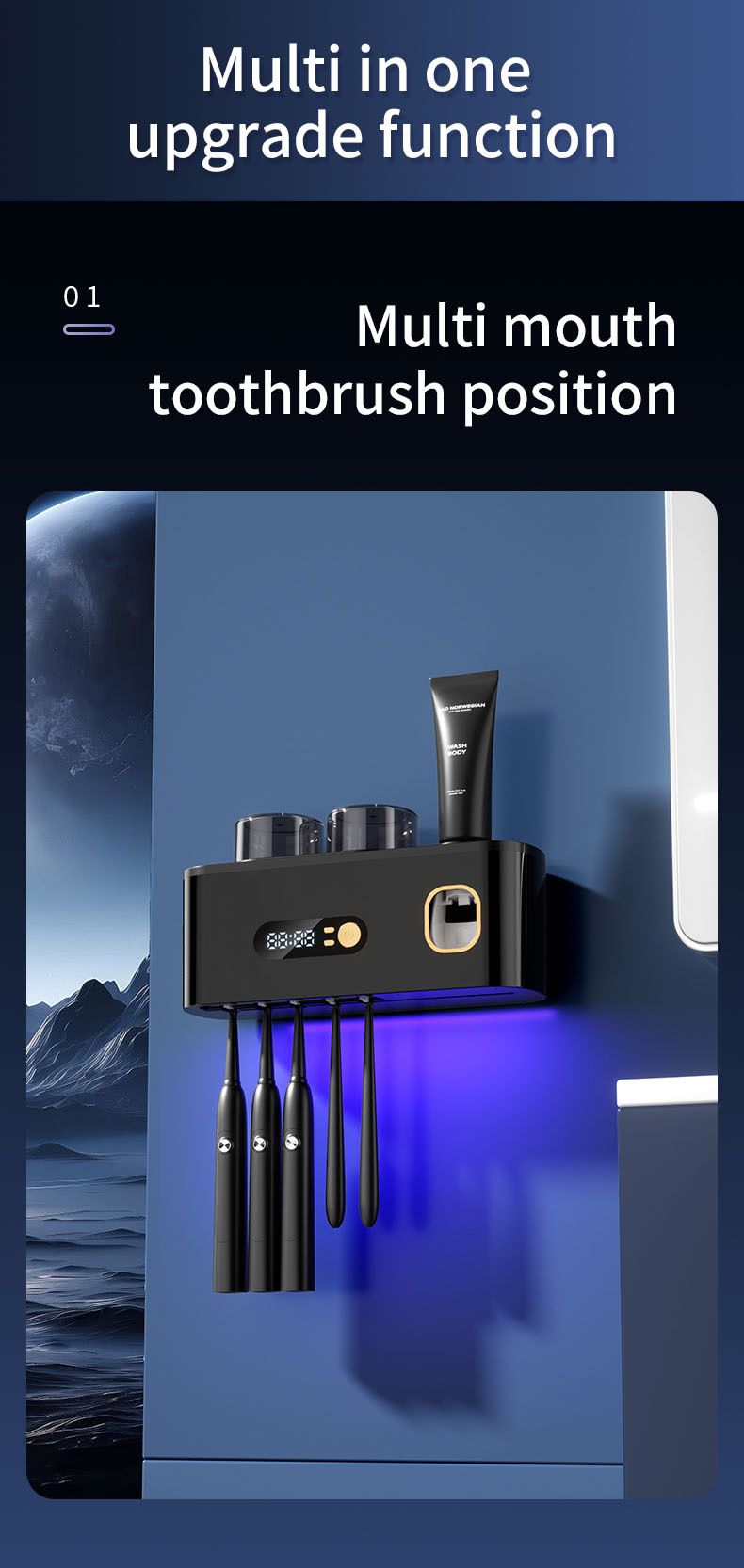 UV Smart Toothbrush Holder Sterilizer Electric Drying Storage Rack Wall-Mounted No Drilling Required_voghion.com
