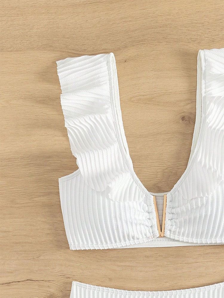 Damenbekleidung Bademode Neuer hochtaillierter Dreieck-Badeanzug Einfarbiger, gerüschter V-Ausschnitt Strandbikini Damen_voghion.com