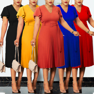 D298 Cross-border Women's Amazon Printed Top Pleated Large Skirt Skirt Set Large Size African Two-piece Set_voghion.com