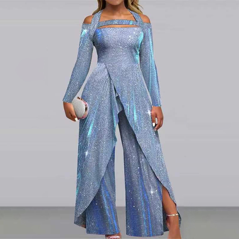 Kadın moda seksi payetli uzun etek eğik yaka orta bel mizaç banliyö tulum_voghion.com