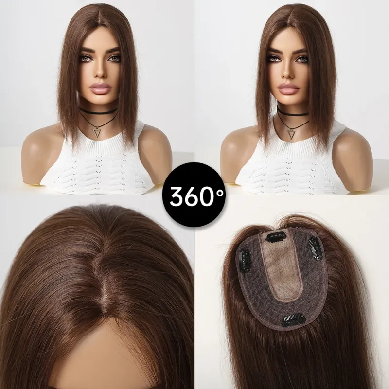 Topper per capelli umani da donna per capelli diradati, clip per toupee marrone, base in seta per capelli veri, riga centrale da 12 pollici_voghion.com