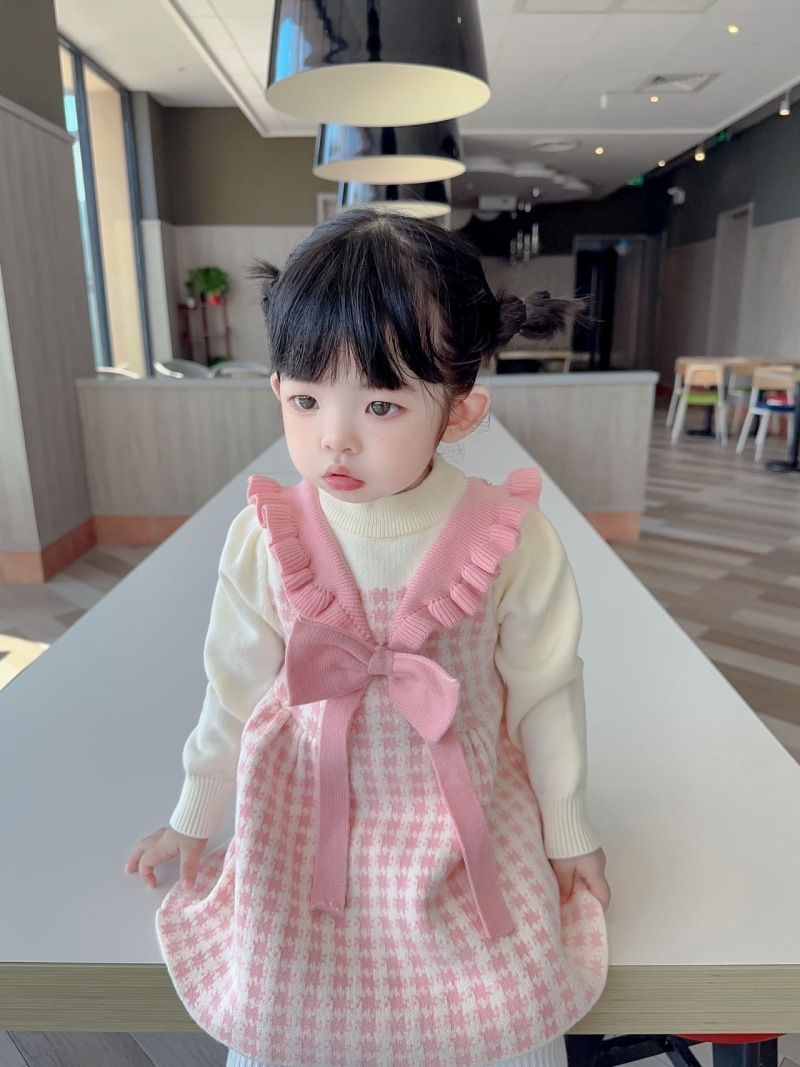 Mädchenkleid, ausgefallenes kleines Mädchen, süßer Strickpullover mit Schleife, Kinderkleid_voghion.com