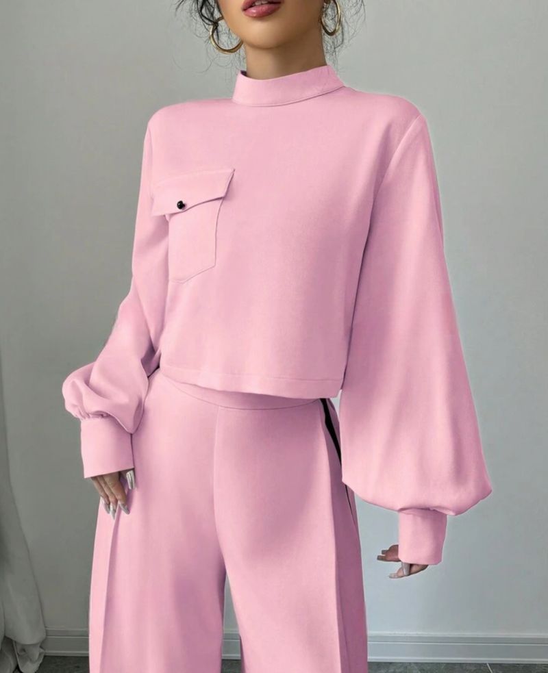 Women's Clothing casual half high collar lantern sleeves fashionable color matching wide leg pants suit_voghion.com