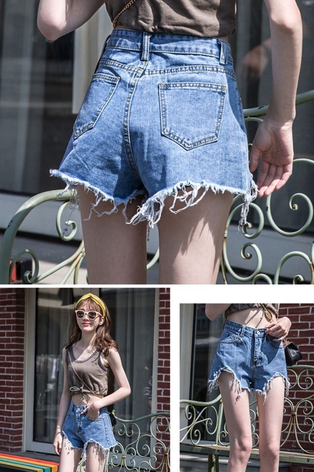 Denim shorts women's summer 2024 new style with holes, wide legs for students, versatile and slimming, high waist, black_voghion.com