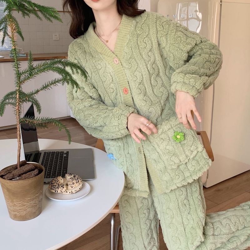 Herbst und Winter New Shu Cotton Lint Thickened Cardigan Pyjamas Loungewear Set_voghion.com