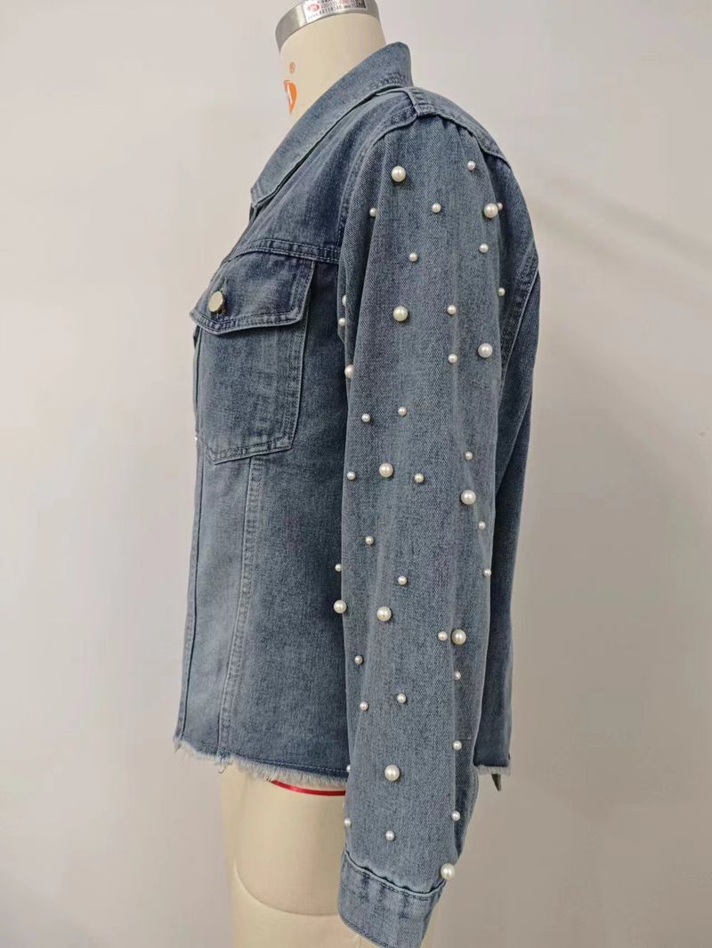 Women's Clothing Spring New Washed Beaded Long Sleeved Casual Denim Jacket Top_voghion.com