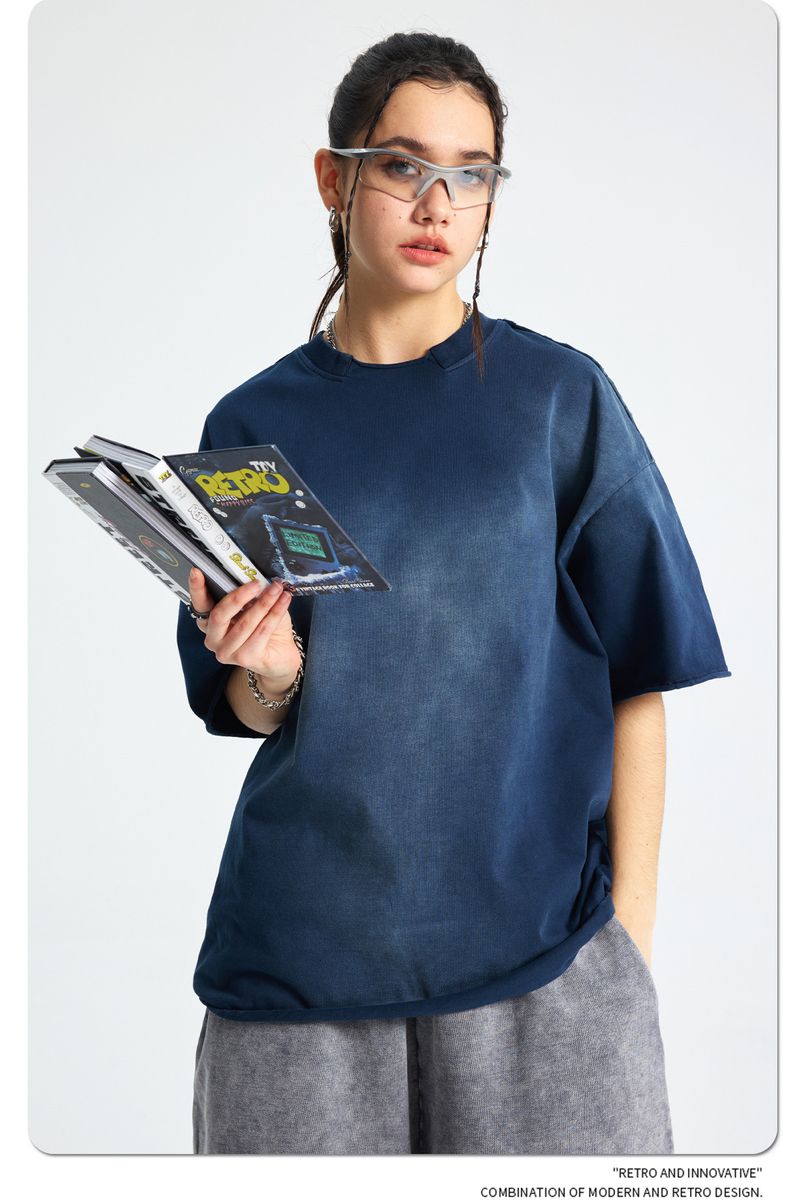 Amerikaanse stijl Gebroken kraag Losse rand Spray Dye Oud Retro Waswater Korte mouwen T-shirt Heren_voghion.com
