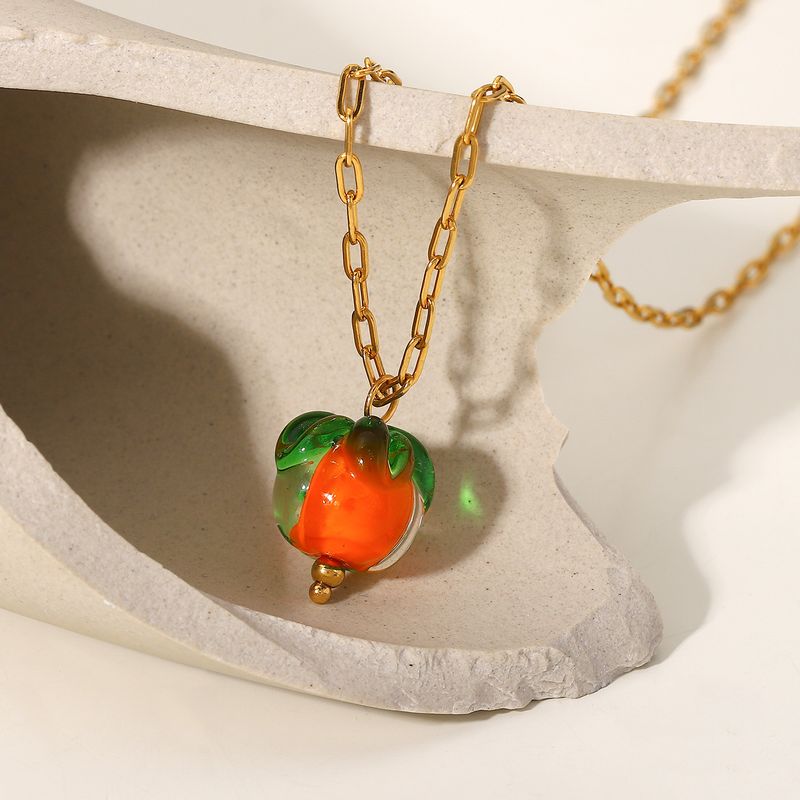 Corrente de cruz de aço inoxidável dourada francesa para moda feminina, colar com pingente de caqui e contas de vidro estilo INS_voghion.com