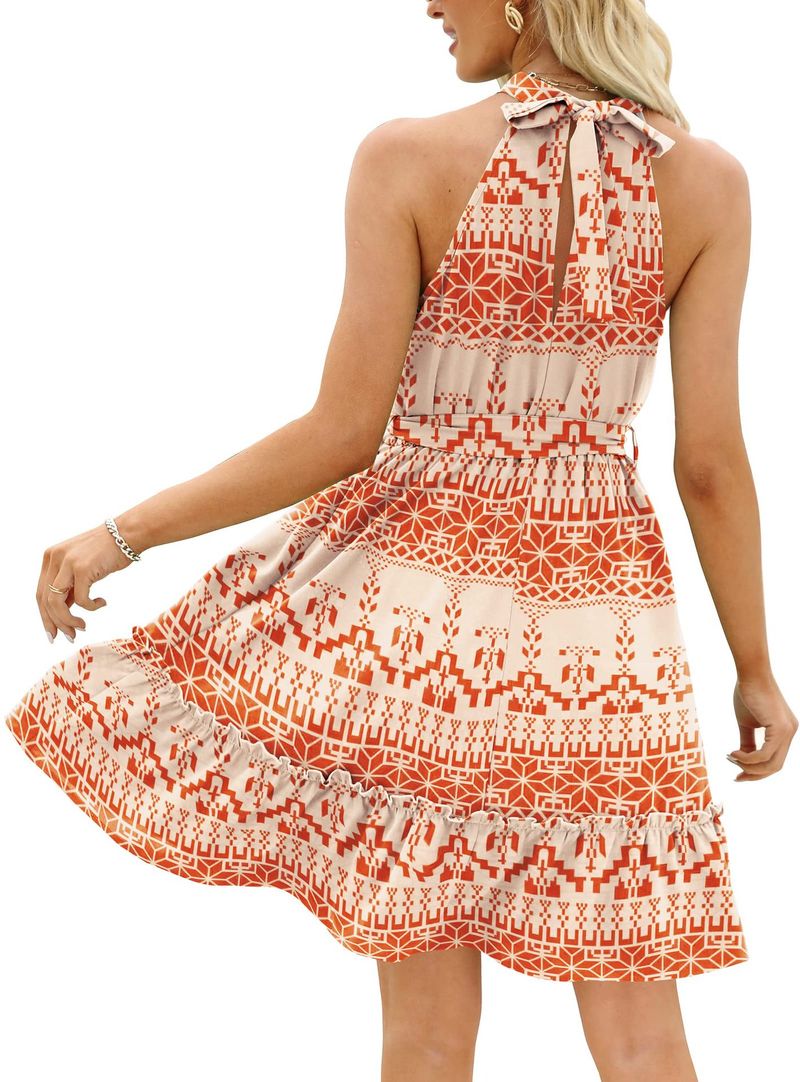 2023 Frühling und Sommer, A-Linien-Rock, Neckholder, florales Schnür-Tunika-Kleid mit offenem Rücken_voghion.com