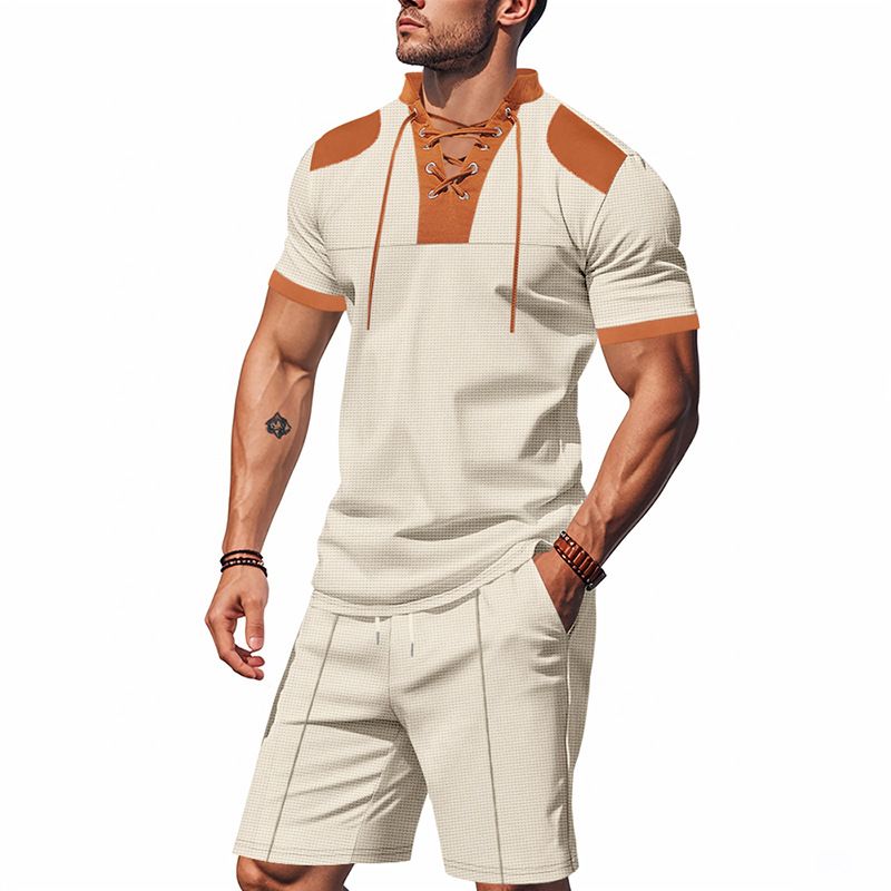 Cross-border Independent Station American Summer Casual Men's Tether Loose Henry Western Denim Waffle Short Sleeve Suit_voghion.com