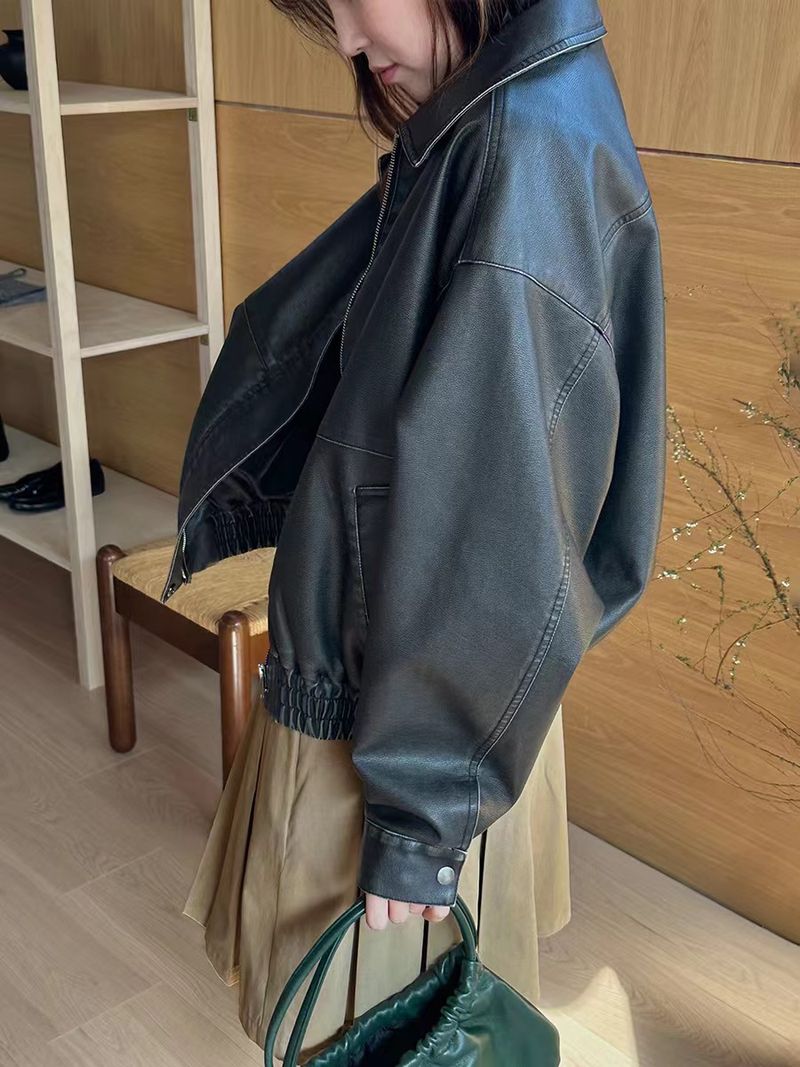 Women's Clothing Retro PU Leather Short Motorcycle Jacket For Women Autumn And Winter New Loose Leather Lapel Jacket_voghion.com