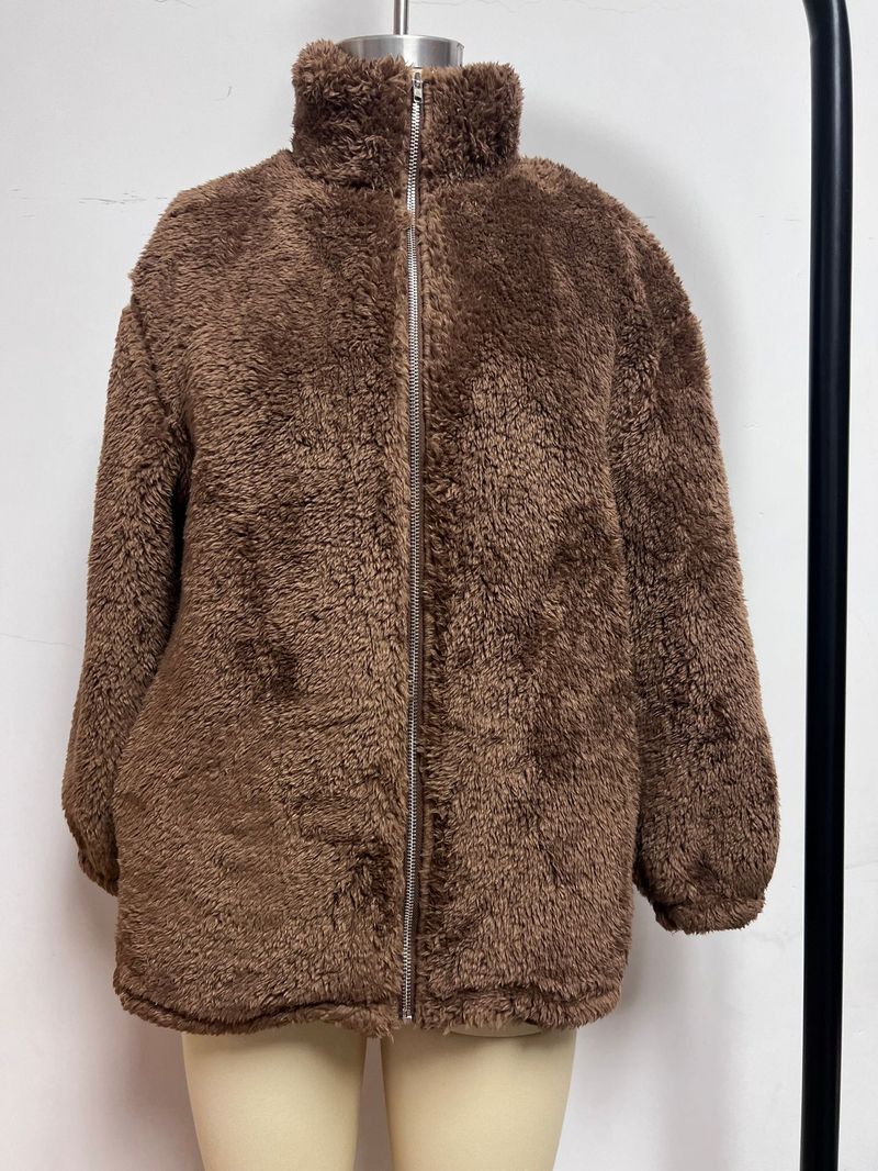 Cozy Fleece Lined Zip-Up Jacket For Women Men Oversized Winter Coat With Stand Collar & Deep Pockets, Thickened Polyester Outerwear (Dark Brown)_voghion.com