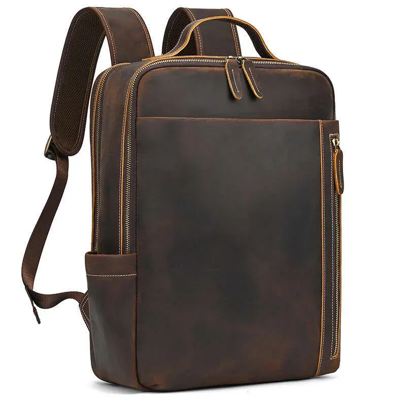 Men's Genuine Crazy Horse Leather Large Capacity Multi-Pocket Travel Backpack Cowhide School Bag_voghion.com
