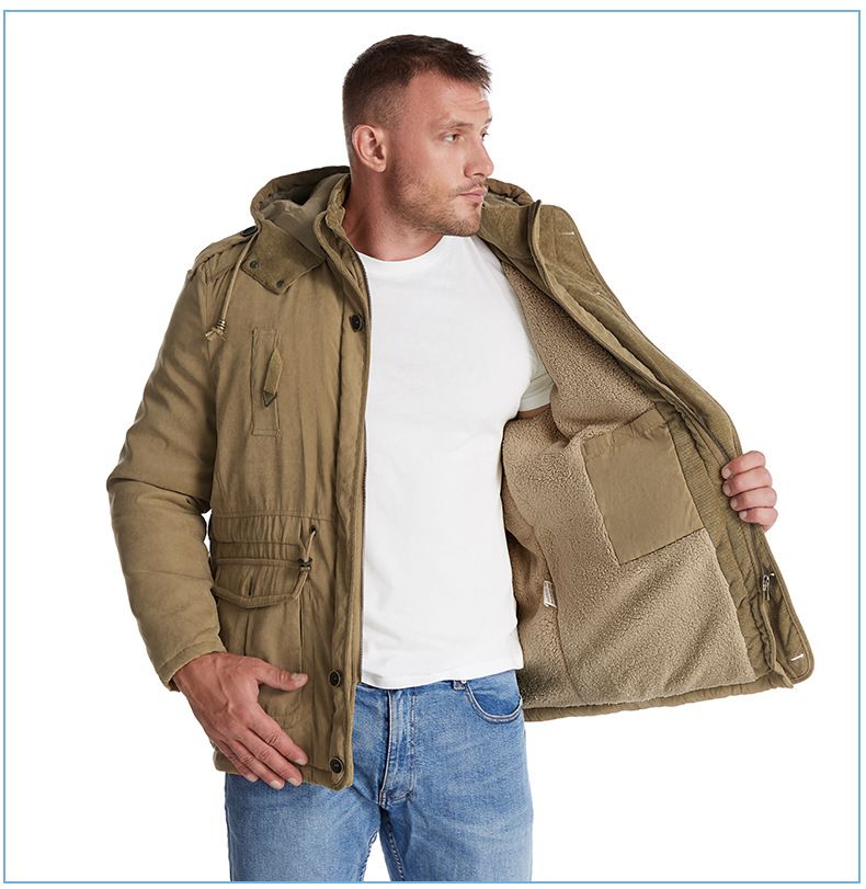 Men's Plus Size Shearling Hooded Cotton Jacket Thickened Multi-Pocket Cotton Top Casual Mid-Length Coat_voghion.com