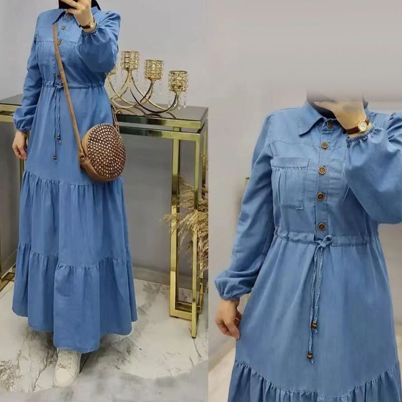 Women's Blue Patchwork Maxi Dress Dubai Turkish Clothing Fashionable Elegant Denim Dress_voghion.com