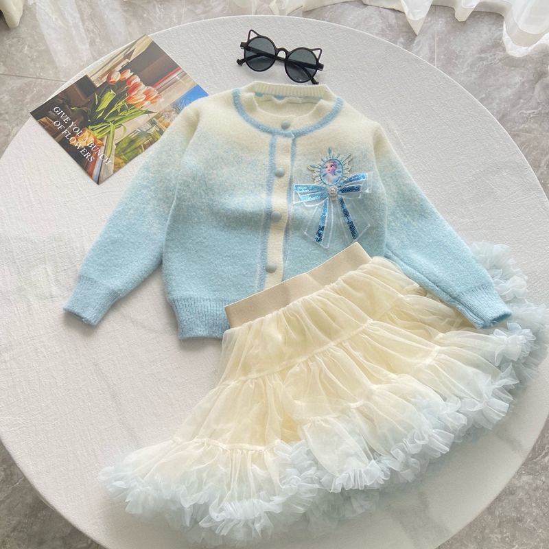 2024 Sonbahar Kış Yeni Tie-Dye Mont Tutu Etek Yürümeye Başlayan Çocuklar İçin Gradyan Elsa Prenses Örgü Kazak Seti_voghion.com