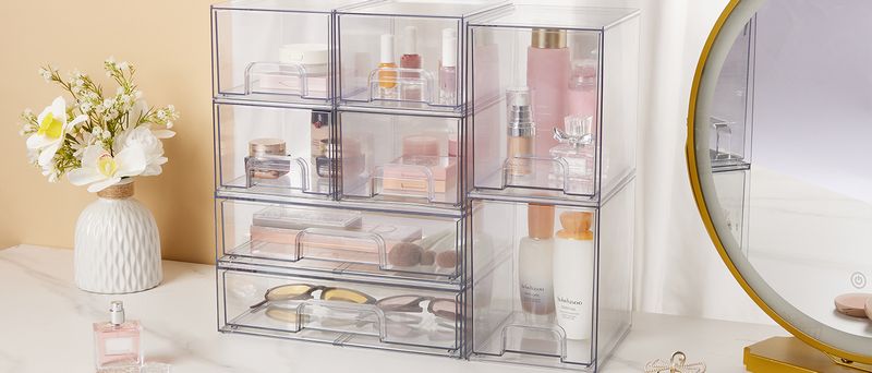 Vtopmart 4-teilige transparente stapelbare Schublade, 4,4 Zoll hohe Acryl-Badezimmer-Make-up-Box, Kunststoffbox geeignet für_voghion.com