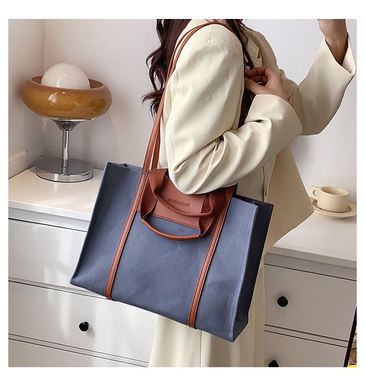 Borse tote da donna, semplici borse tote da donna con colori di tela a contrasto e tracolla singola di grande capacità._voghion.com