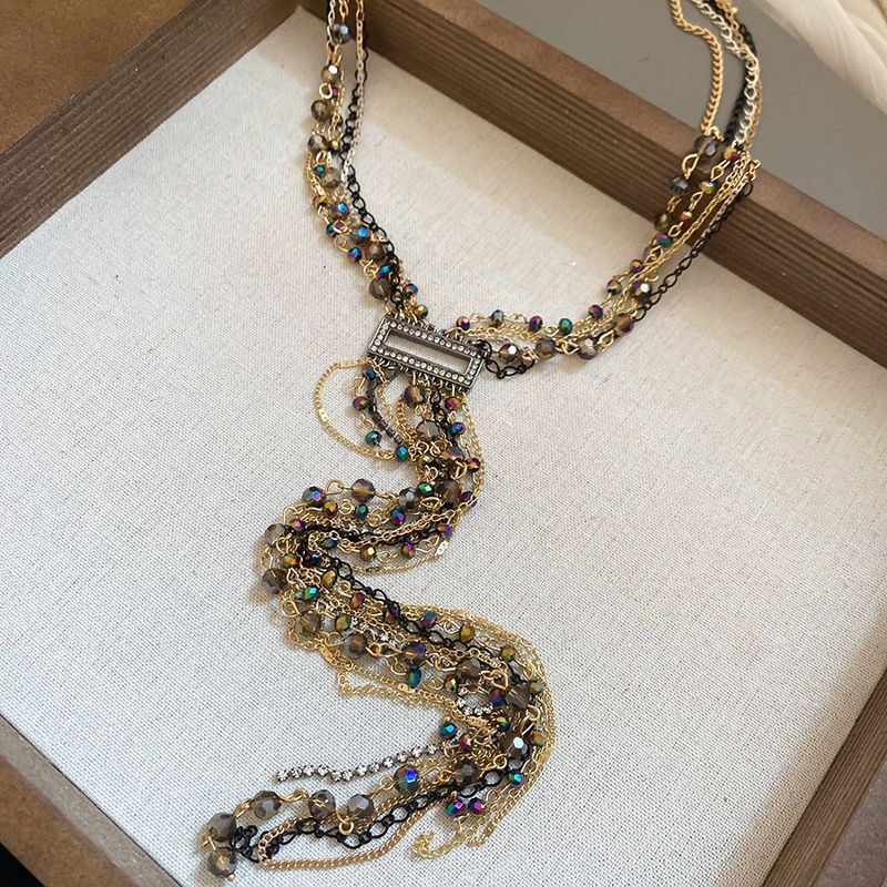 Inlaid Crystal Beaded Multi-layer Rectangular Tassel Necklace Sweater Chain Niche Design Sense Jewelry For Women_voghion.com