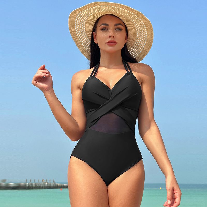 Maillot de bain une pièce en maille de couleur unie pour femme, nouveau modèle 2025_voghion.com