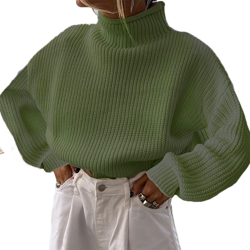 Women's knitwear temperament turtleneck solid color loose casual base sweater_voghion.com