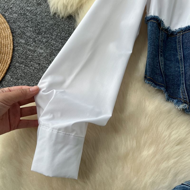Women's Clothing Two Piece Long Sleeved Shirt Women's Belt Waist Denim Skirt Two Piece Suit_voghion.com
