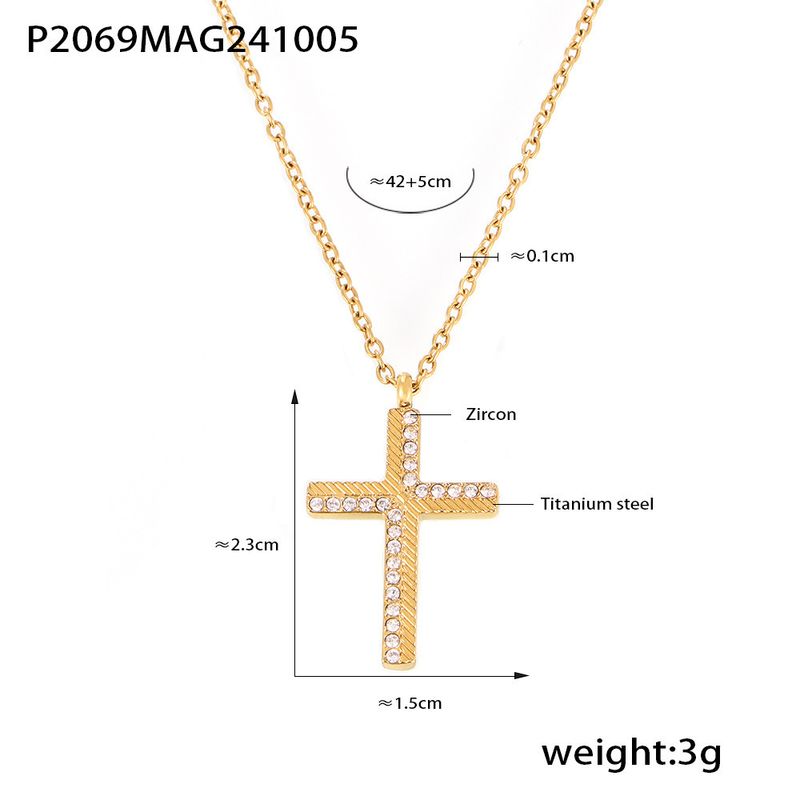 Kreative Halskette mit diagonalem Kreuzanhänger aus Zirkonia für Frauen, Nischenlicht, Luxus, mehrlagige Schlosskette aus Titanstahl für Frauen_voghion.com