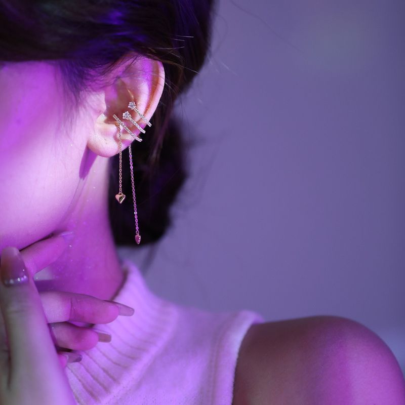 Fashionable Star Tassel Earbone with Micro inlaid Zircon Heart Chain Clip without Ear Hole Temperament Internet Red_voghion.com