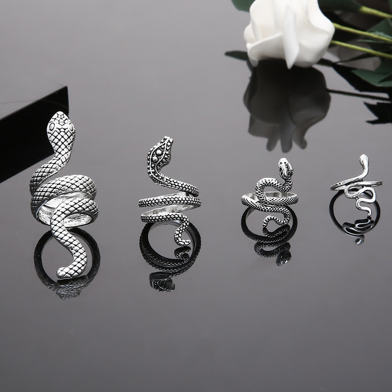 Hot selling cool and handsome men's patterned ring, punk style snake shaped animal exaggerated four piece set ring_voghion.com
