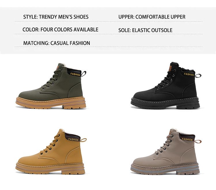 Men's Classic British Style Fleece-Lined Martin Boots - Comfortable Round Toe Casual Shoes For Winter (Khaki, Black, Gray, Green)_voghion.com