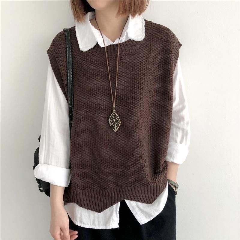 K Women's Knitted Vest; Pure Color, Loose, Round Neck, Irregular Pullover Short Cardigan._voghion.com