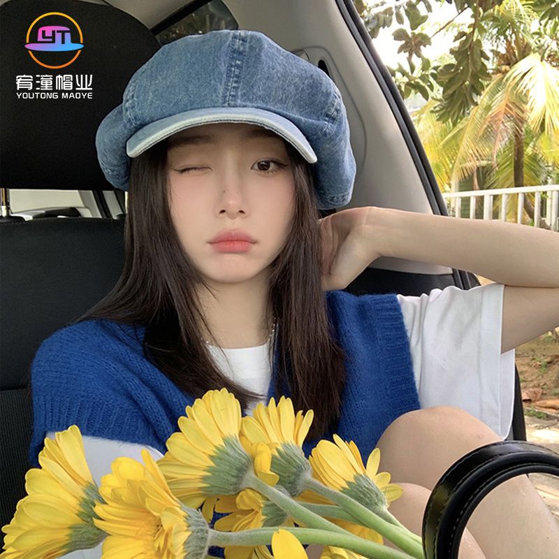 Frühling und Herbst gewaschener Baumwoll-Denim-Damen-Künstler-achteckiger Hut mit großem Kopfumfang und schlankmachendem Gesicht im Baskenmützenstil_voghion.com