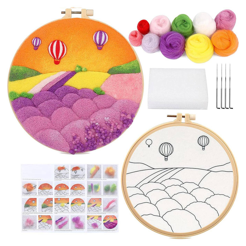 RUOPOTY Moderne Uldmaleri Lavendel Varmluftsballon Broderi Rammesæt Gør-det-selv Filt Håndværk Hjemmeindretning Kunstbillede_voghion.com