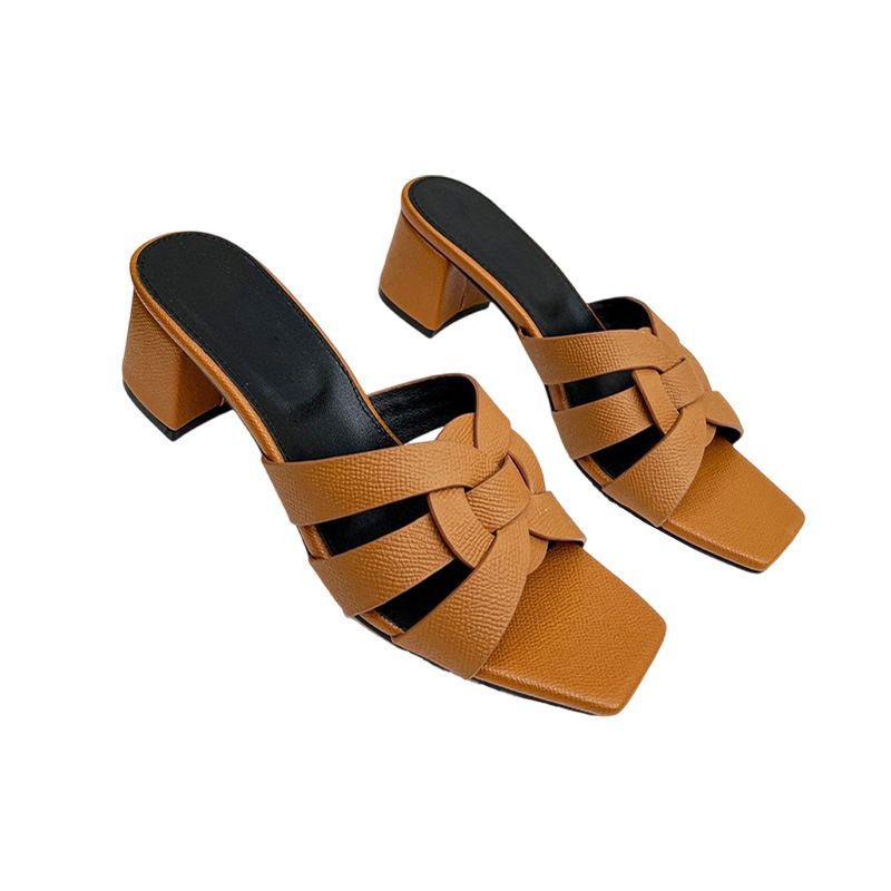 Genuine High Women's 25 Summer New Thick Heel Open Toe Square Head Black Patent Leather Shiny One-Word Slippers_voghion.com