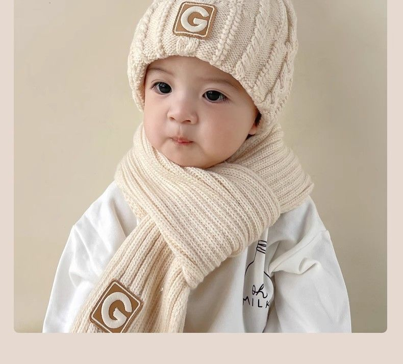 Trendy baby boys simple wool scarf hat two-piece fall and winter girls warm knitted hat_voghion.com