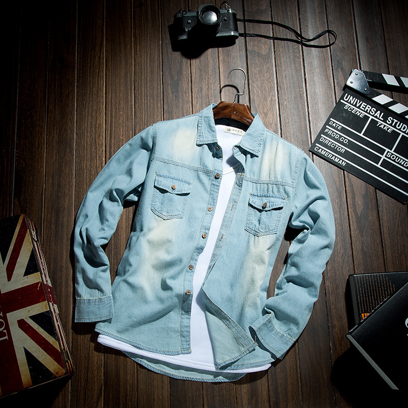 Giacca in denim a maniche lunghe slim fit primaverile e autunnale tinta unita, camicia da uomo in cotone sottile lavato con risvolto_voghion.com