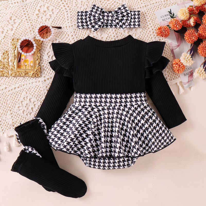 Moeder & Kinderen Babymeisje Pak Vliegende Mouwen Lange Mouwen Romper Broek Rok Sokken Hoofdtooi Driedelige Set_voghion.com