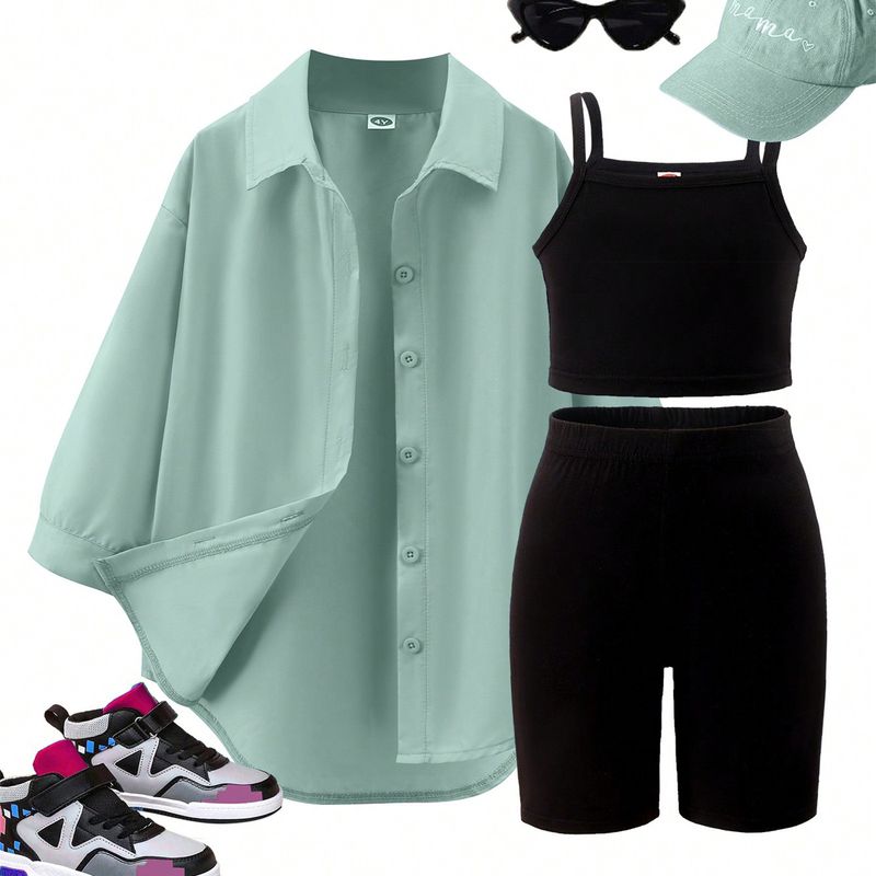 Παιδικά Ρούχα Άνοιξη και Φθινόπωρο Νέα Κοστούμια για Κορίτσια Μικρά και Μεσαία Παιδικά Μονόχρωμες Τιράντες + Σορτς + Μακρυμάνικο Μπουφάν Σετ Τριών Τεμαχίων_voghion.com